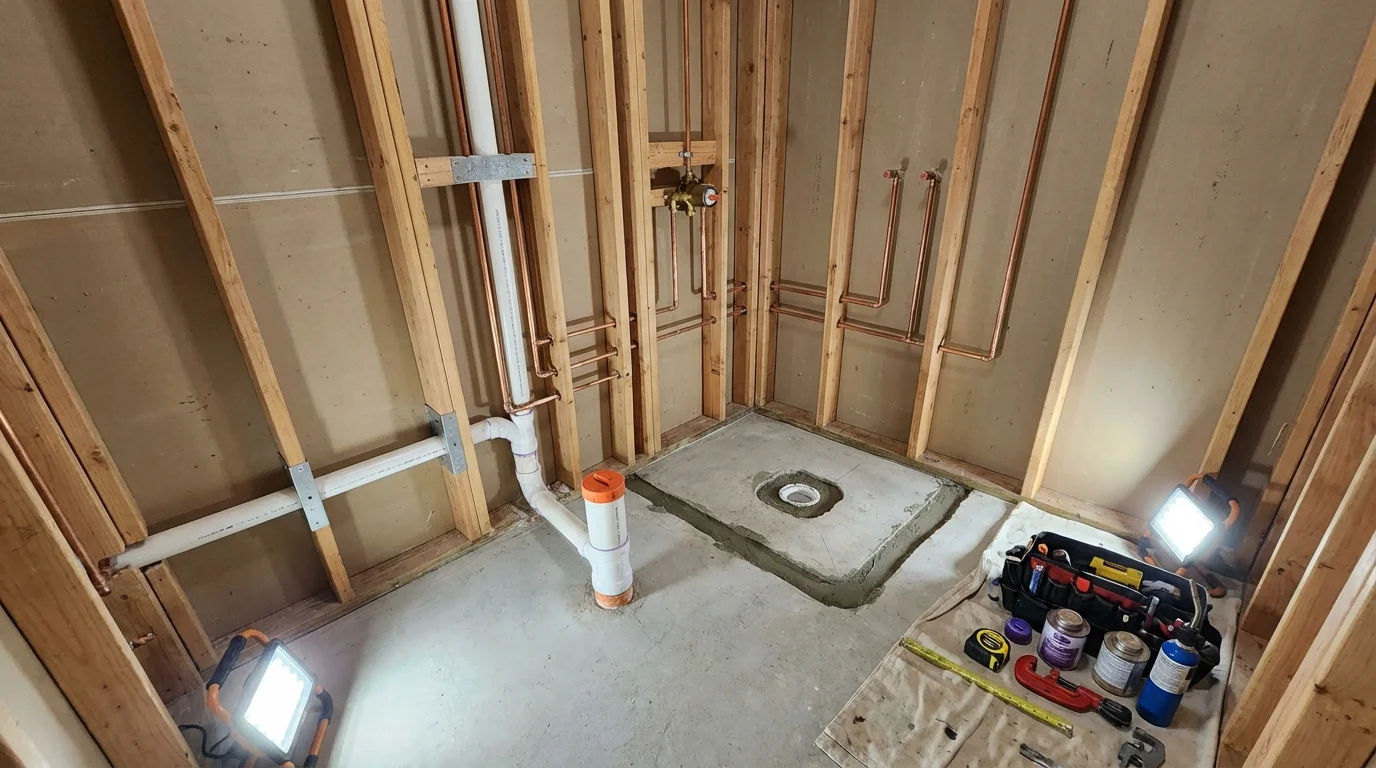 Bathroom rough-in plumbing during remodel by Johns Plumbing LLC in Chatham