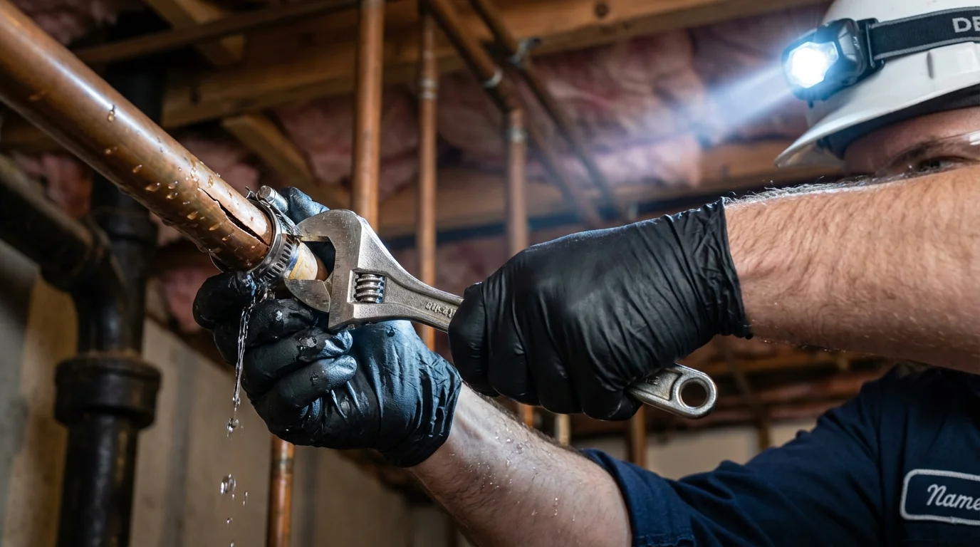 Emergency pipe clamp repair being performed by a Johns Plumbing LLC plumber in Chatham
