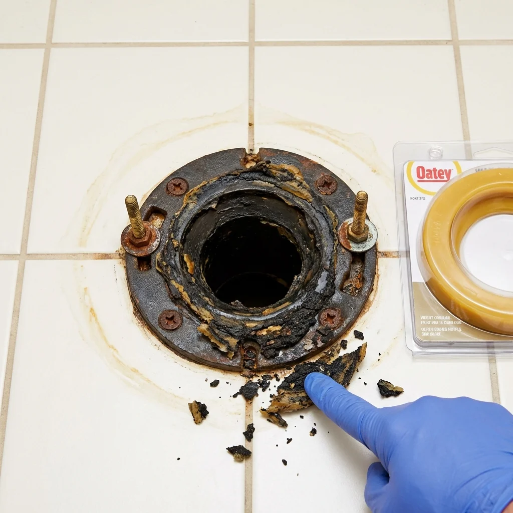 Failed wax ring showing water seepage at the base of a toilet in a Chatham, MA home