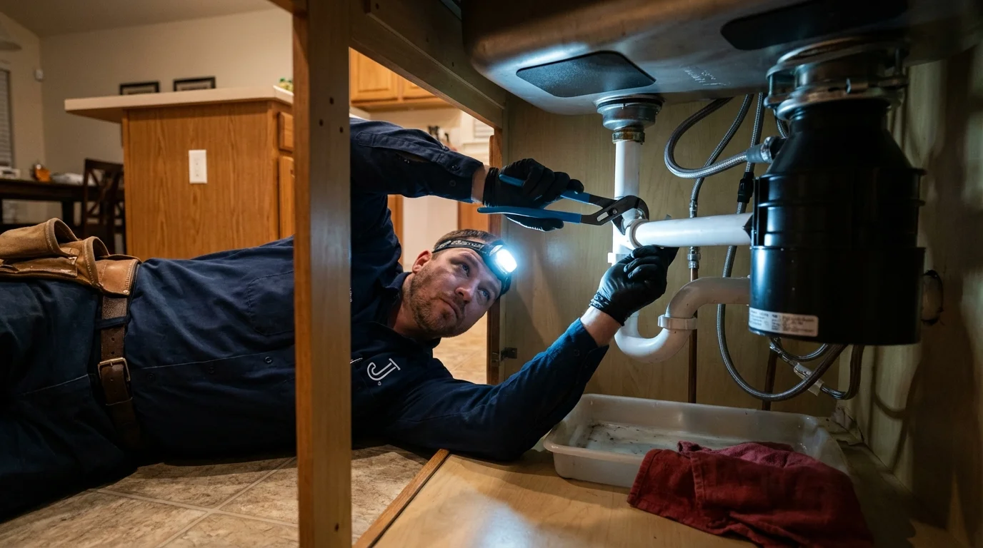 P-trap and supply line connections under a kitchen sink showing a common leak point in Chatham, MA